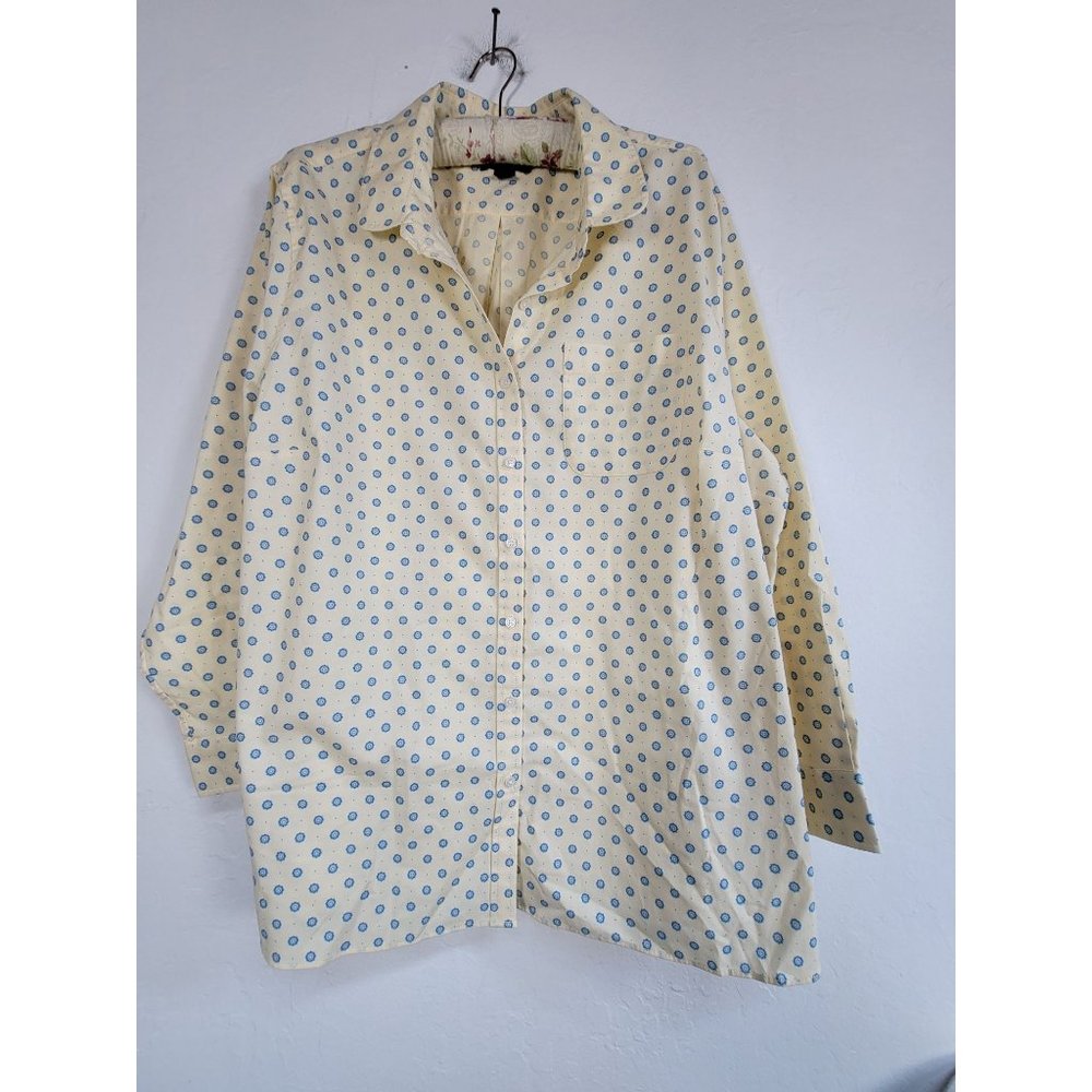 Lands' End Women's Patterned Collared Long Sleeve Button Up Shirt Yellow 2X